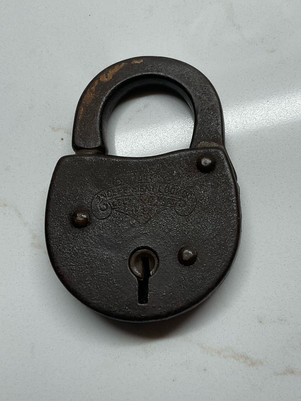Antique Padlock with 2 keys - Brand Independent is very worn down.